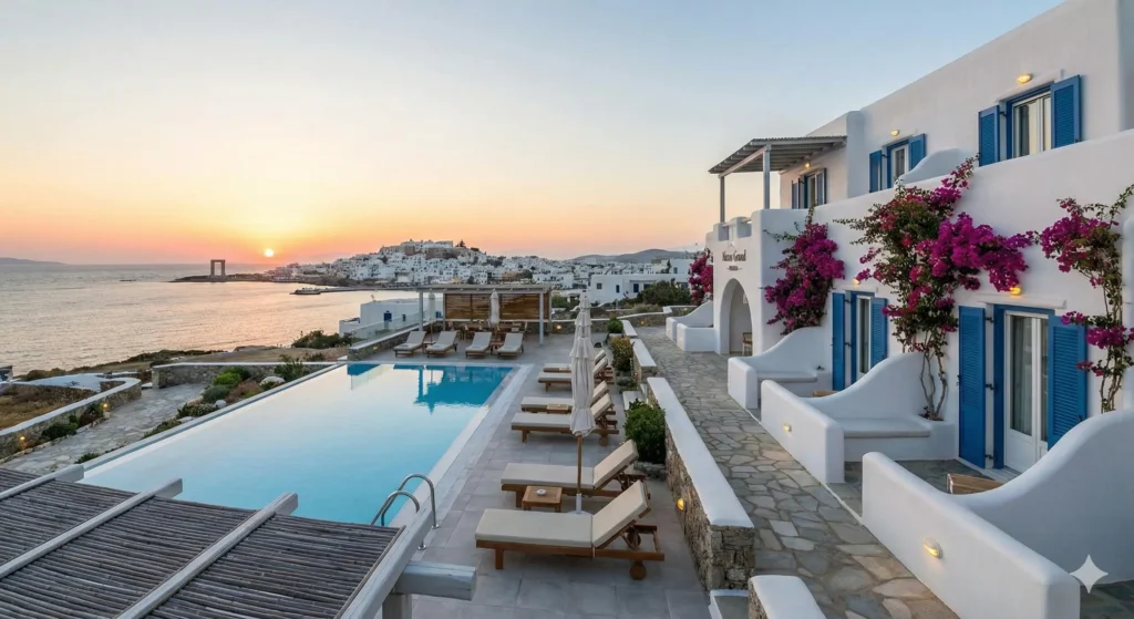 Luxury hotel in Naxos with typical Cycladic white architecture, featuring a large infinity pool overlooking the deep blue Aegean Sea.