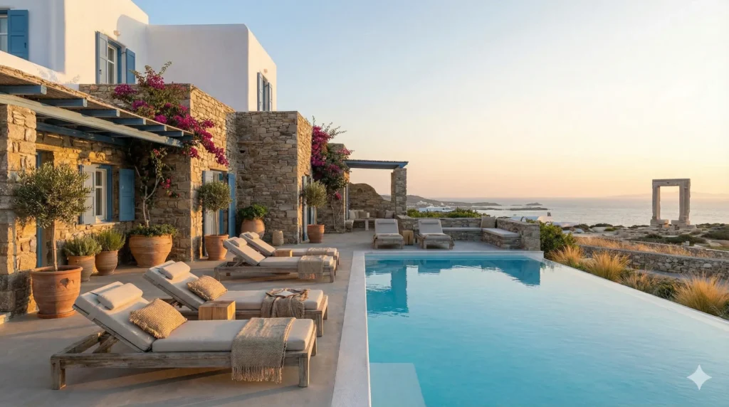 Traditional white-washed Naxos holiday villa featuring distinctive Cycladic architecture, a private swimming pool, and a panoramic view of the Aegean Sea.